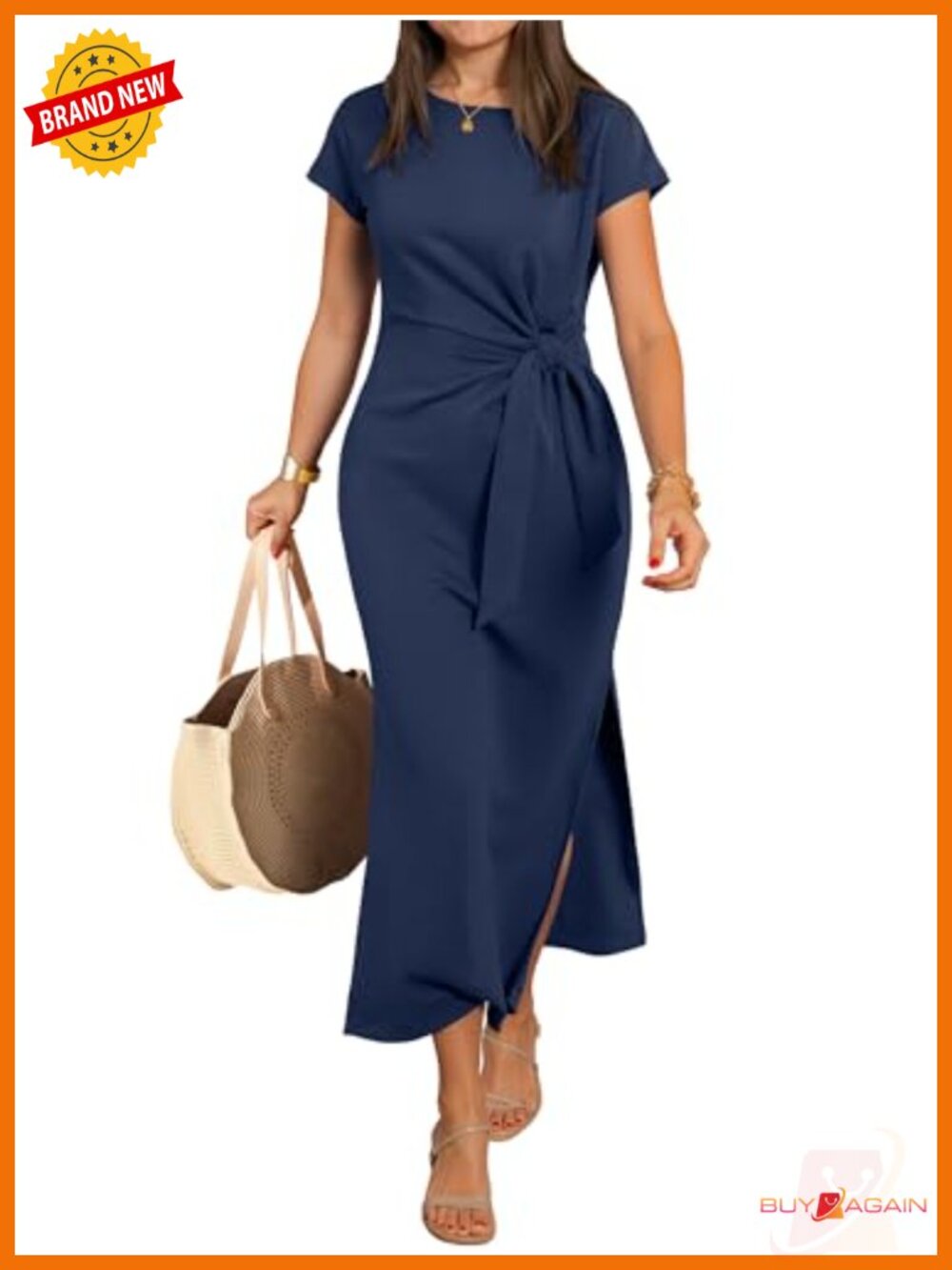 Womens Wrinkle-Free Maxi Dress Slim Fit Short Sleeve Tie Waist Side Slit